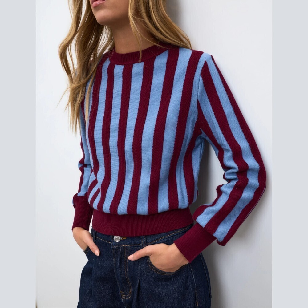 Burgundy / Sky Blue Striped Ribbed Knit Long Sleeve Crew Sweater